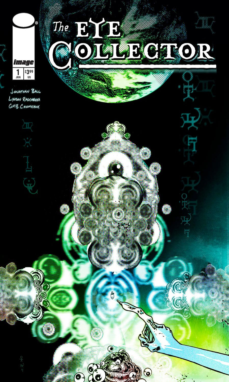 Comic book cover of 'The Eye Collector' with a mystical design and green eye.