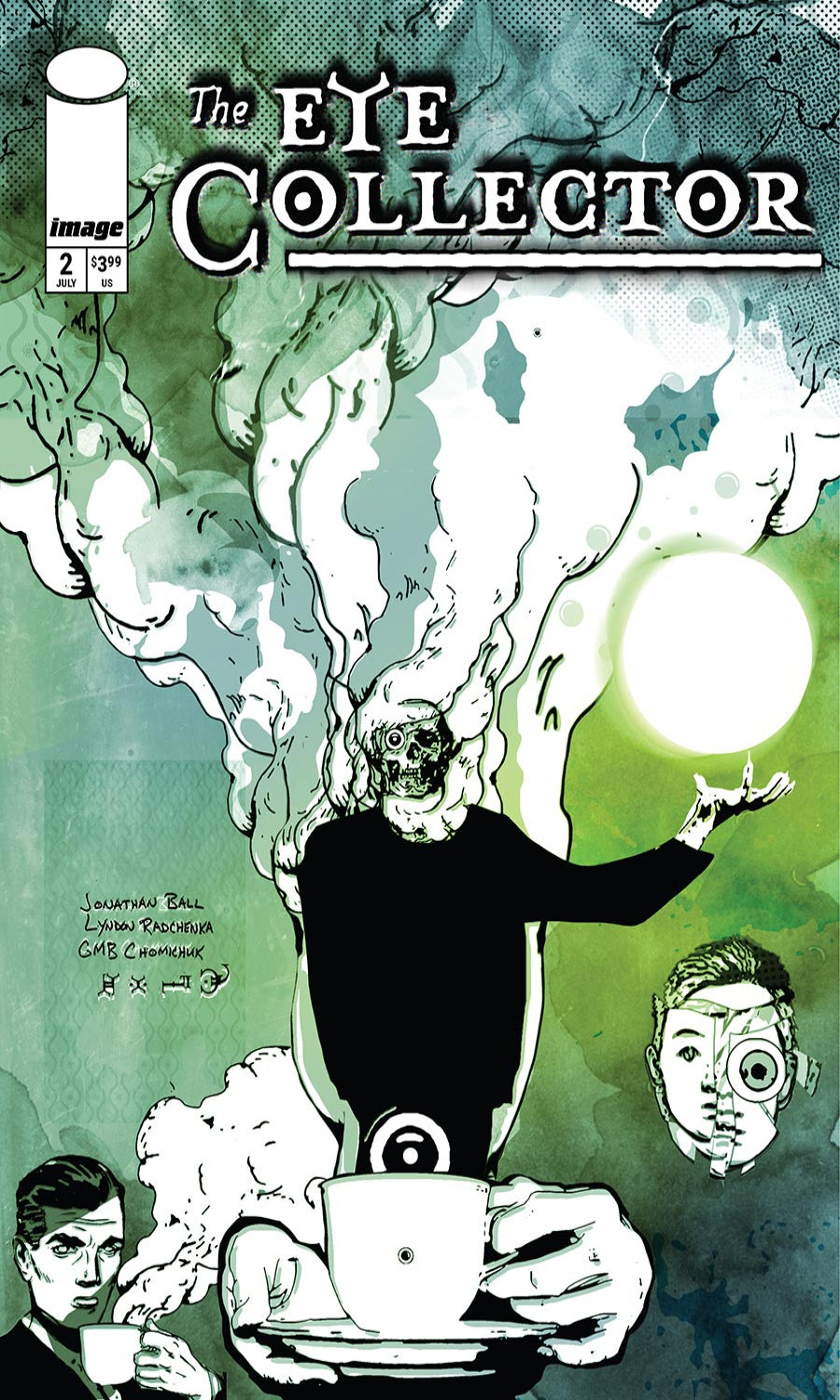 Comic book cover titled 'The Eye Collector' with a stylized illustration of a character holding a cup and saucer.