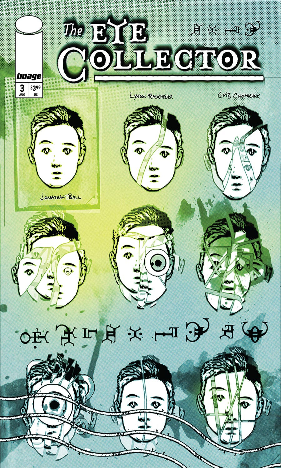 Comic book cover for The Eye Collector issue 3, featuring illustrated faces with eyes and one with a single large eye, on a green-to-blue textured background with stylized text.