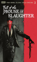 Comic book cover of 'Fall of the House of Slaughter' with a character holding a knife.