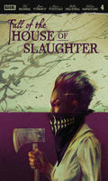 Comic book cover for Fall of the House of Slaughter #4, featuring a stylized illustration of a person in a white shirt holding a bloody axe and wearing a black bandana with a tooth design, set against a split cream and purple background.