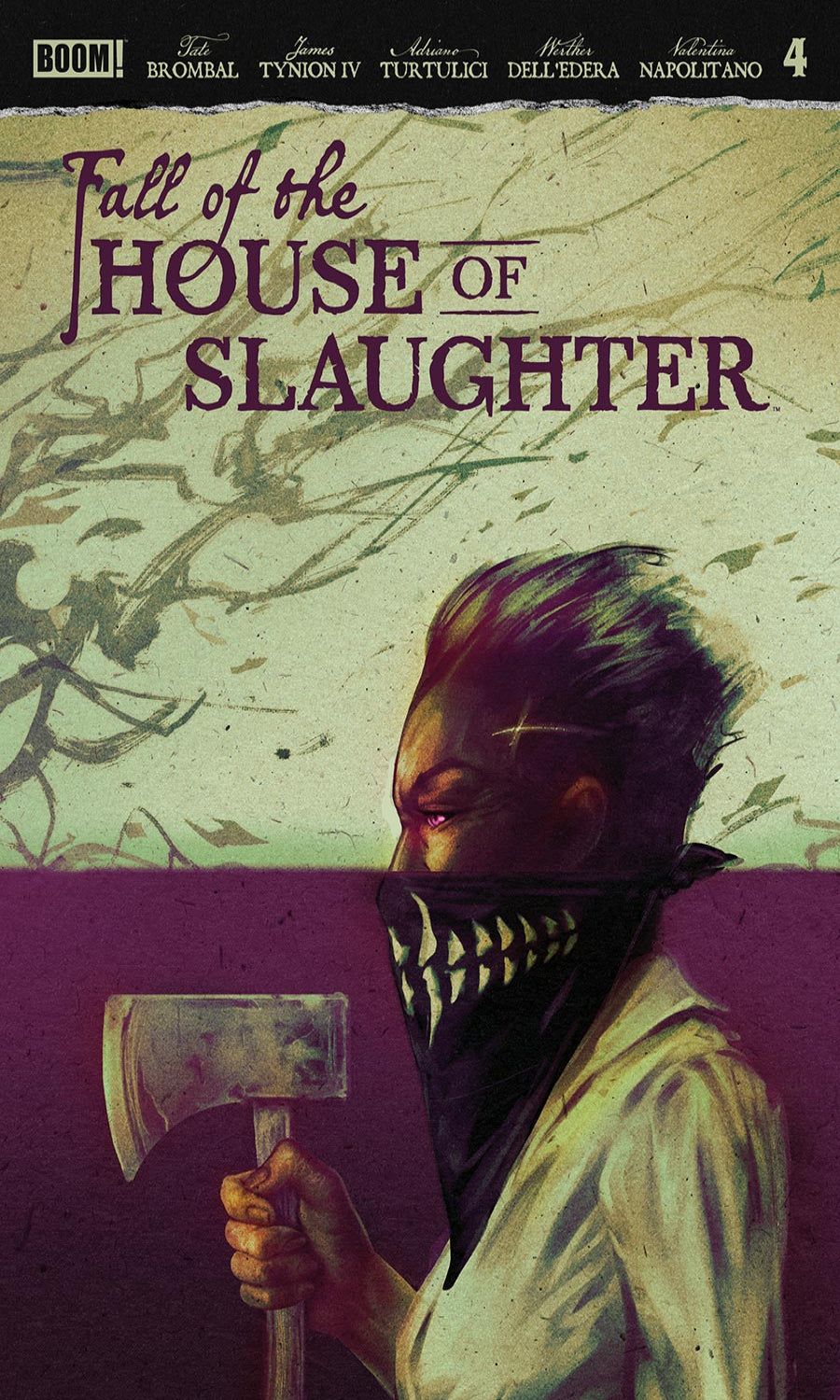 Comic book cover for Fall of the House of Slaughter #4, featuring a stylized illustration of a person in a white shirt holding a bloody axe and wearing a black bandana with a tooth design, set against a split cream and purple background.