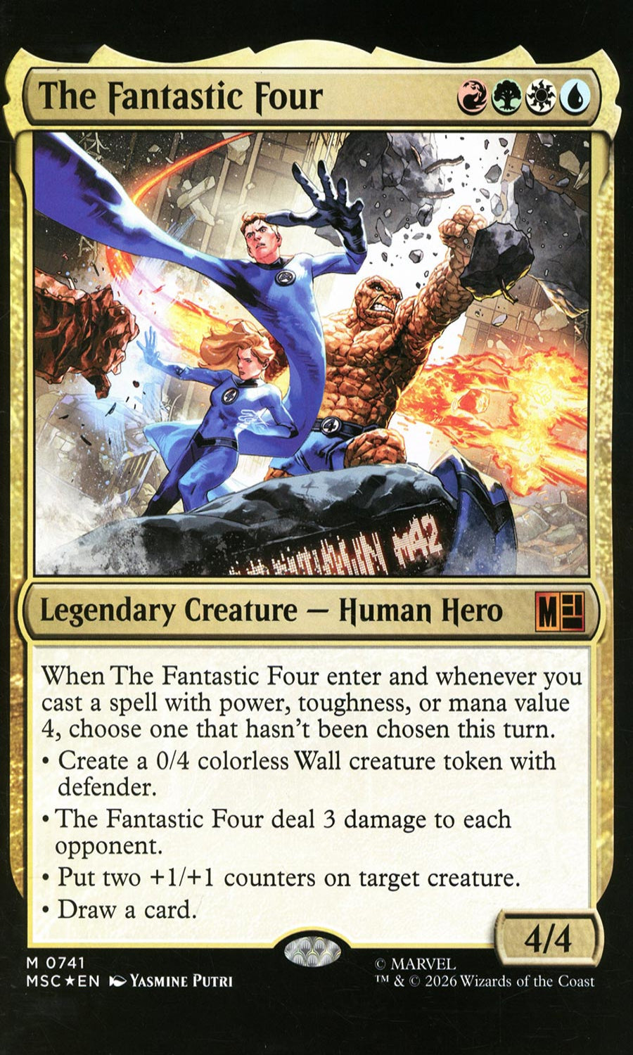 Trading card featuring The Fantastic Four with character artwork and game text.
