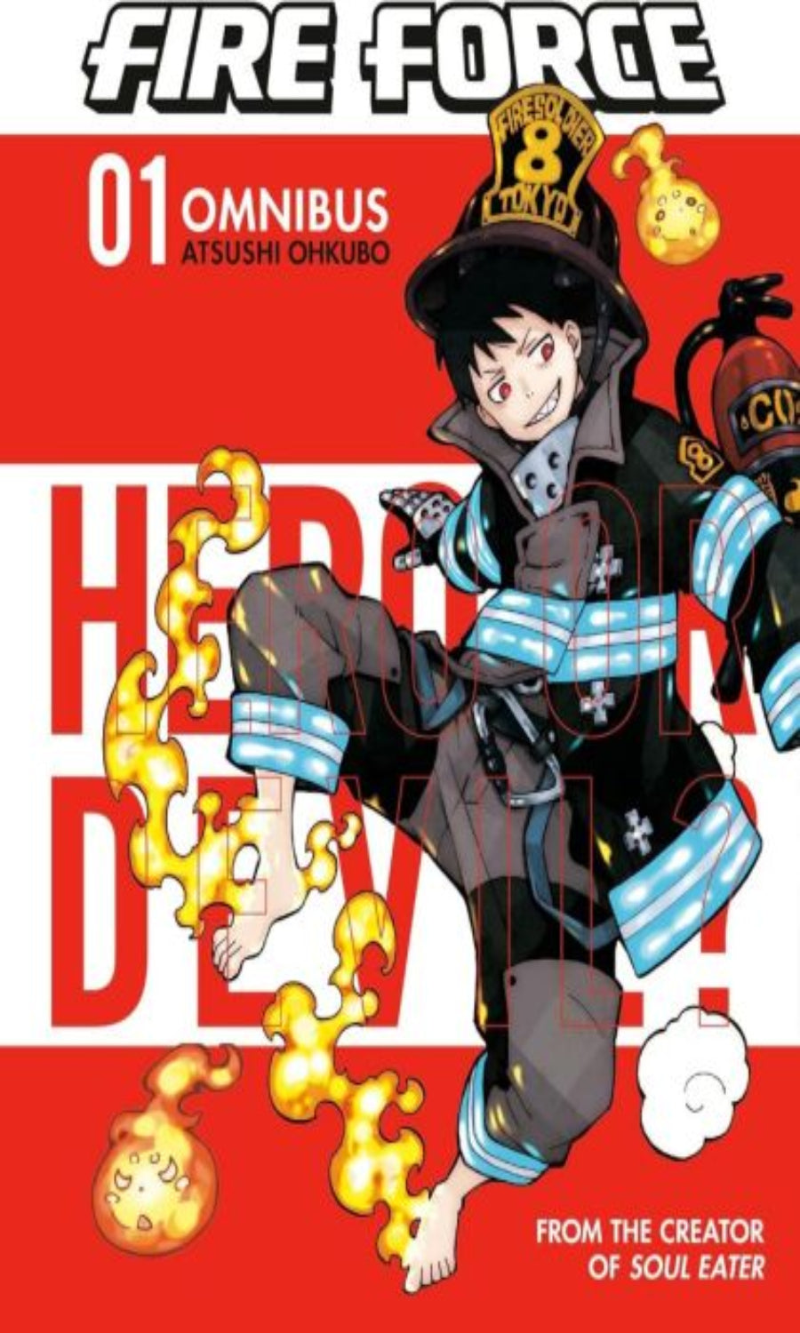 Manga book cover of 'Fire Force' with a character in a uniform on a red background