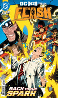 Comic book cover featuring characters from 'The Flash' with dynamic poses and vibrant colors.