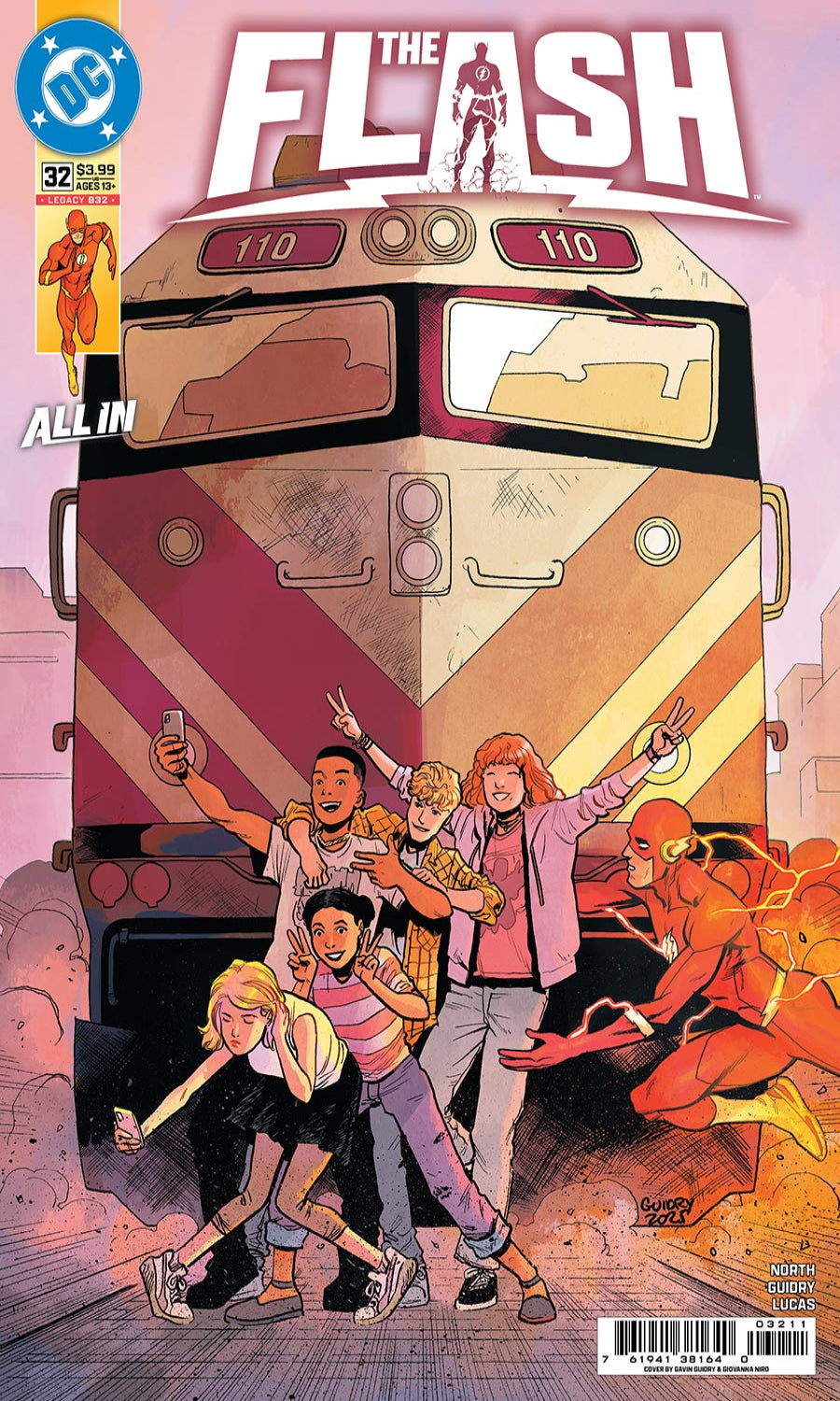 Comic book cover featuring a group of people and a character in an orange suit with 'The Flash' branding.