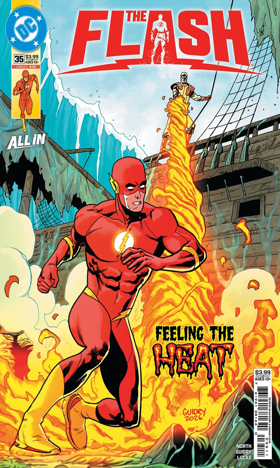 Comic book cover featuring The Flash with flames and a ship in the background
