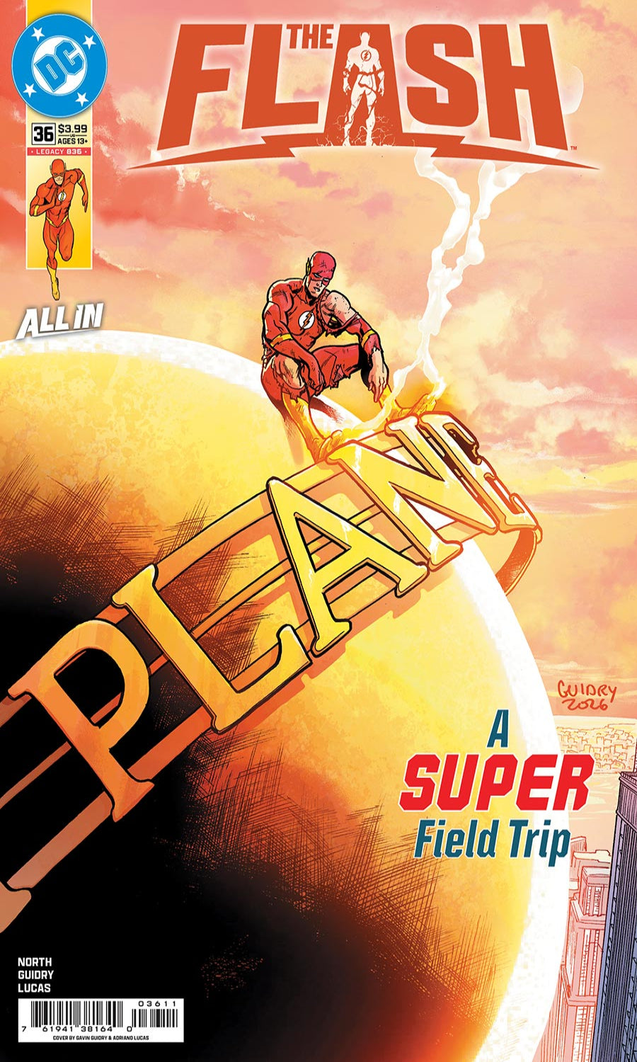 Comic book cover for The Flash All In #36, featuring The Flash running diagonally across a large golden planet against a warm orange sky. The DC logo is visible in the top left corner.