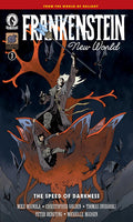 Comic book cover of 'Frankenstein: New World' with a character in a dark setting.