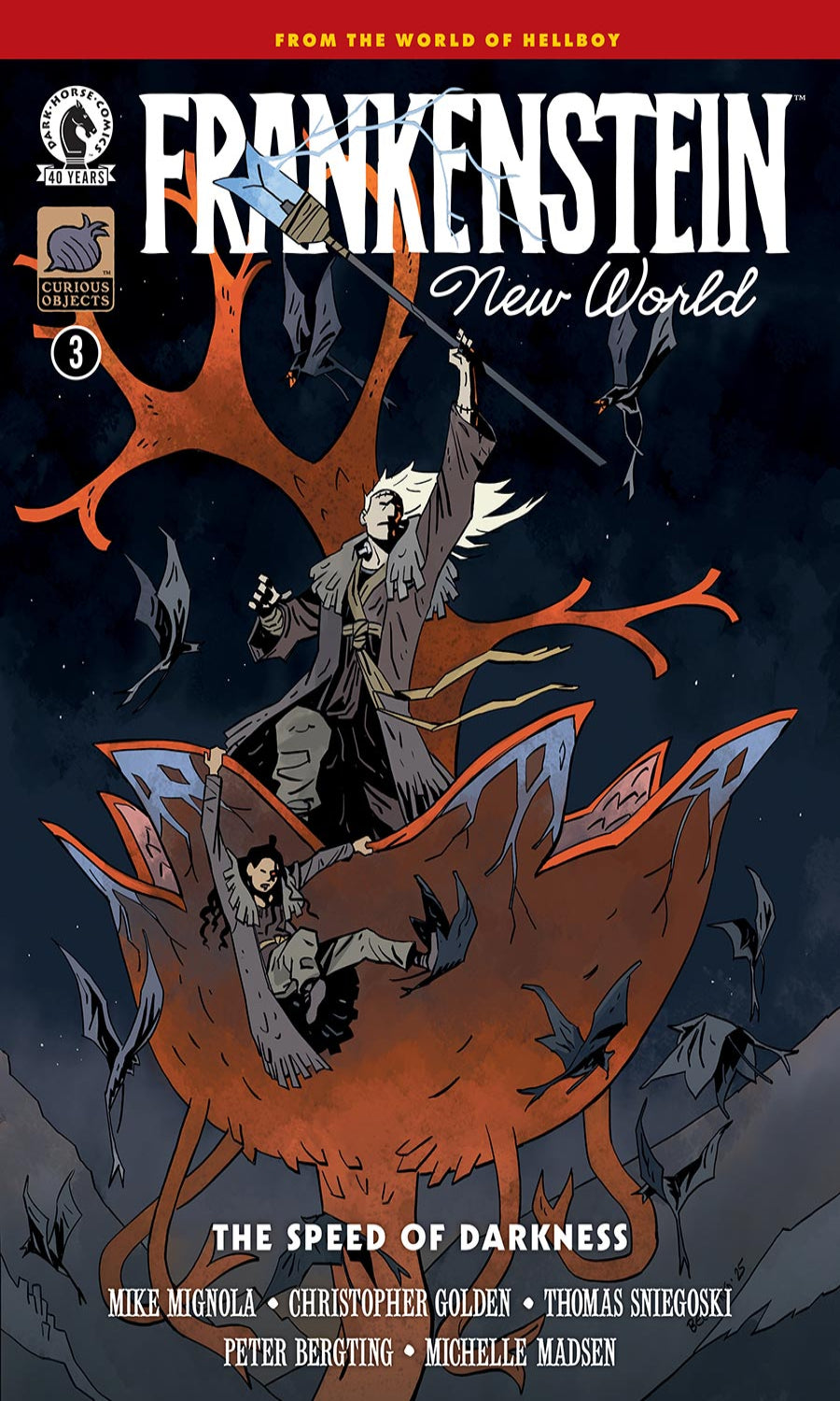 Comic book cover of 'Frankenstein: New World' with a character in a dark setting.