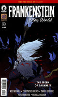 Comic book cover for Frankenstein: New World #4, featuring a dark illustrated scene with a white-haired figure in a lab coat and a large lamp. The title 'FRANKENSTEIN' appears prominently at the top, with 'New World' below it and issue details including barcode and creator names at the bottom.