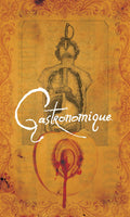 A square graphic design with a vintage parchment background in warm yellow and orange tones, featuring an anatomical illustration of a human torso with internal organs, a dagger, and a red abstract symbol. The word 'Gastronomique' is written across the center in white script.