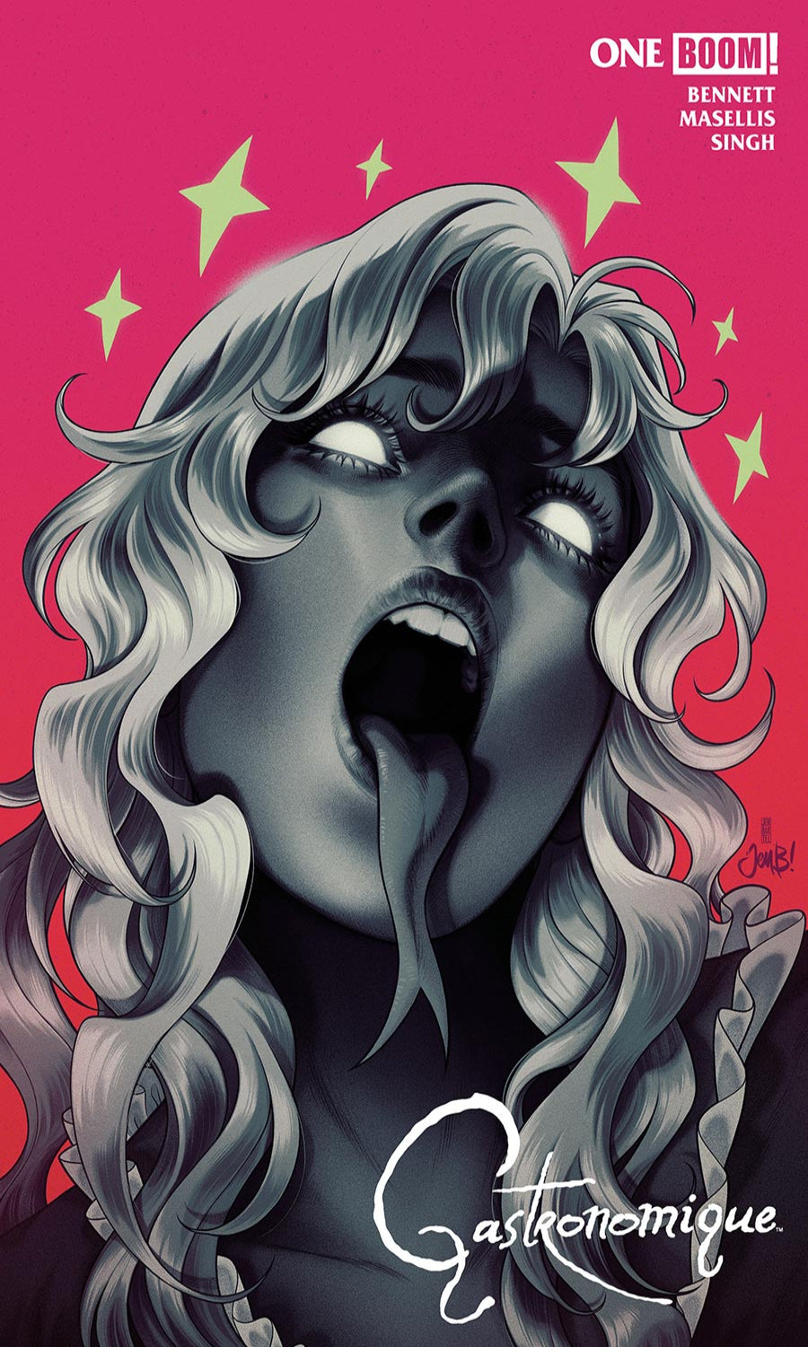 Comic book cover with a stylized character on a pink background