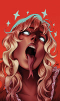 Illustration of a character with long blonde hair and a red background