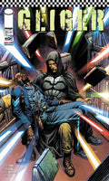 Comic book cover featuring two characters in a library with books and lightsabers.