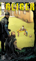 Comic book cover with a man kneeling in front of a child, with 'Geiger' at the top.