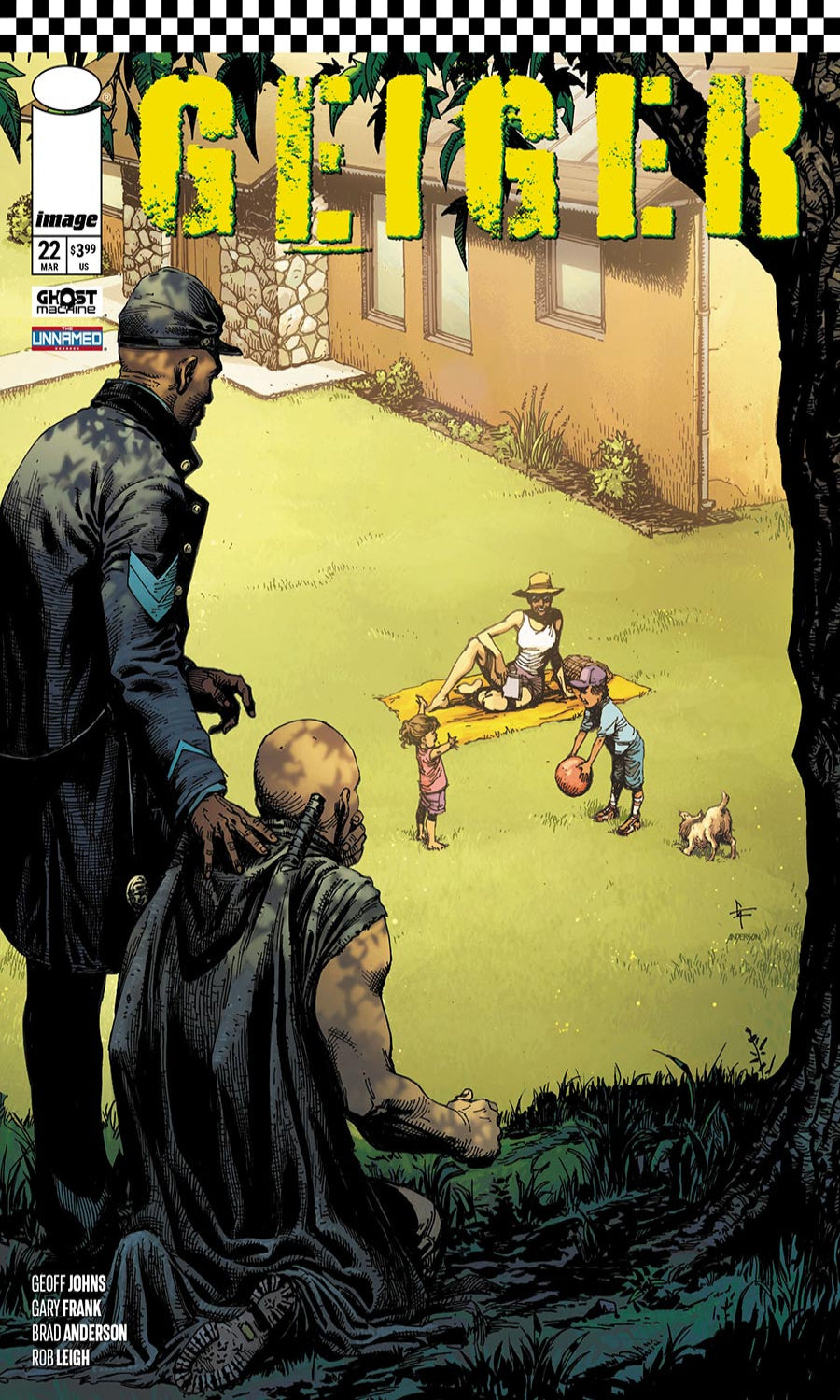 Comic book cover with a man kneeling in front of a child, with 'Geiger' at the top.