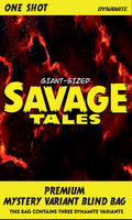 Promotional graphic for 'Giant-Sized Savage Tales' with fiery design and Dynamite branding.