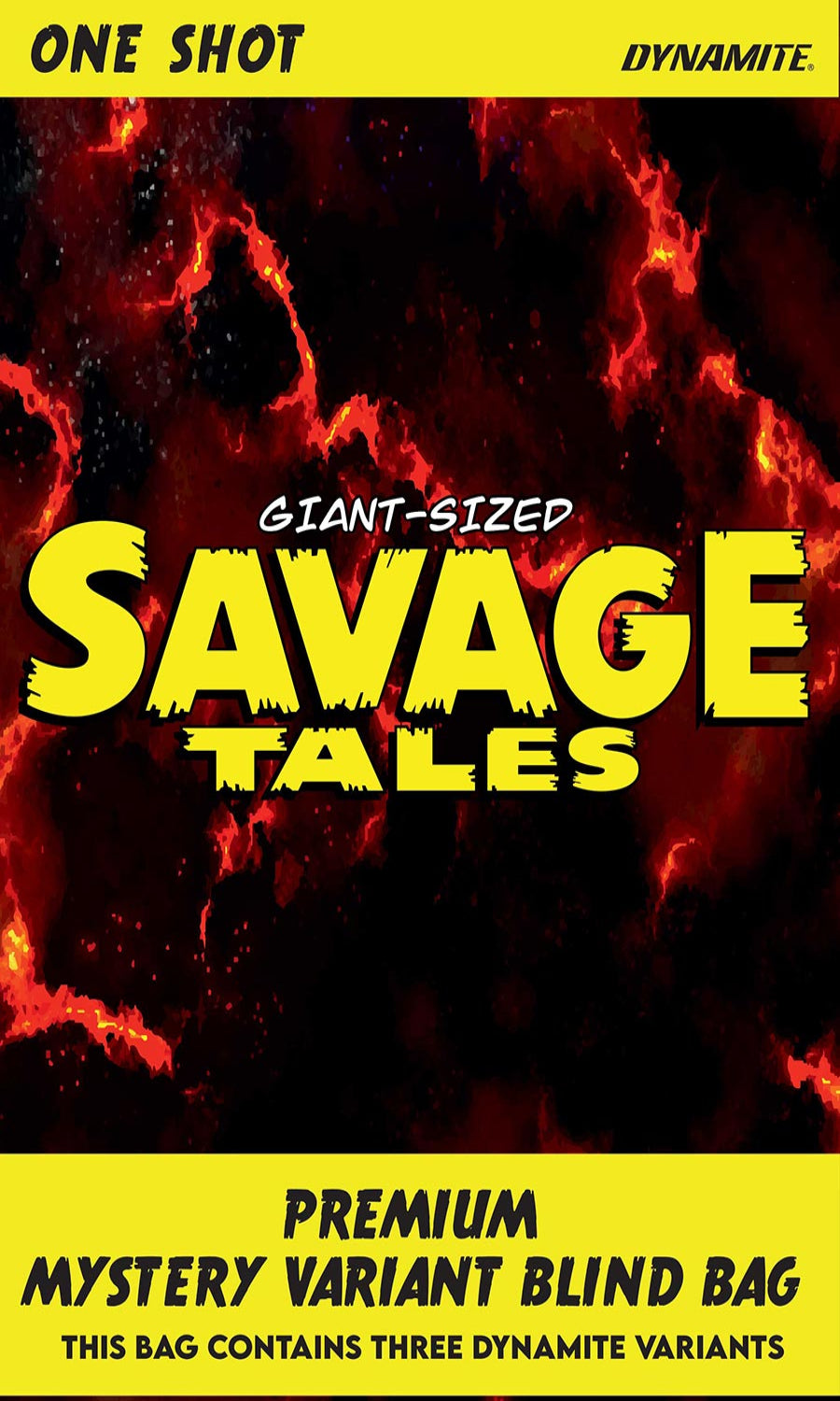 Promotional graphic for 'Giant-Sized Savage Tales' with fiery design and Dynamite branding.