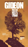 Book cover of 'Gideon Falls' with a tree and swing on an orange background