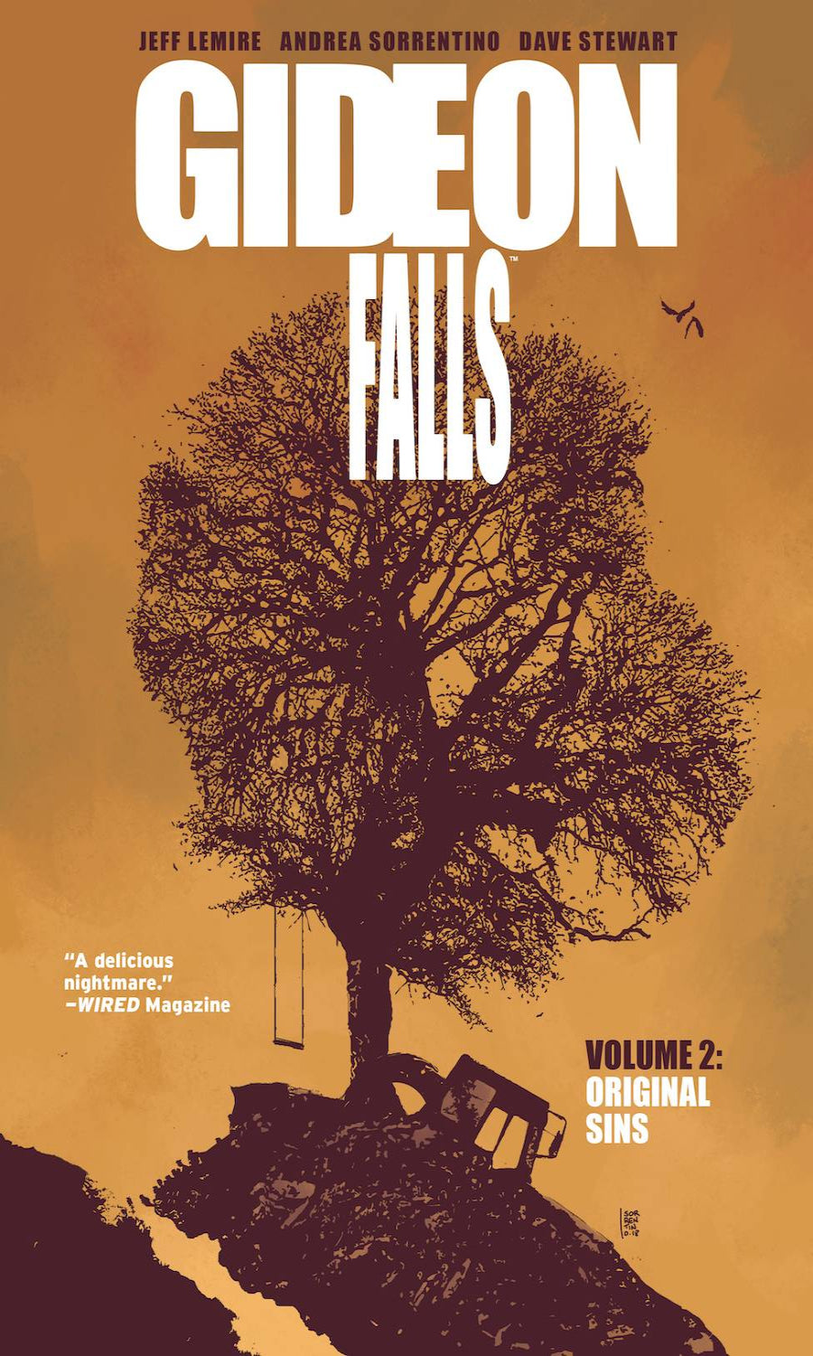 Book cover of 'Gideon Falls' with a tree and swing on an orange background