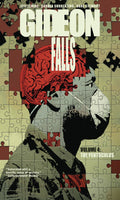 Comic book cover of 'Gideon Falls' with a puzzle-like design and character silhouette.