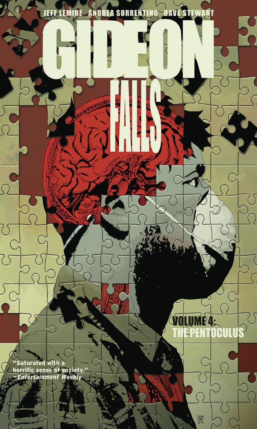 Comic book cover of 'Gideon Falls' with a puzzle-like design and character silhouette.