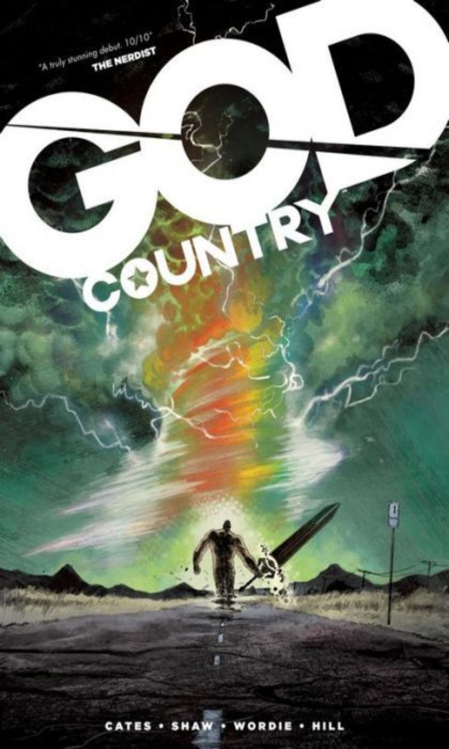 Comic book cover of 'God Country' with a dramatic landscape and character holding a sword.