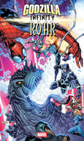 Comic book cover featuring characters from 'Godzilla: Infinity Roar' with a colorful background.