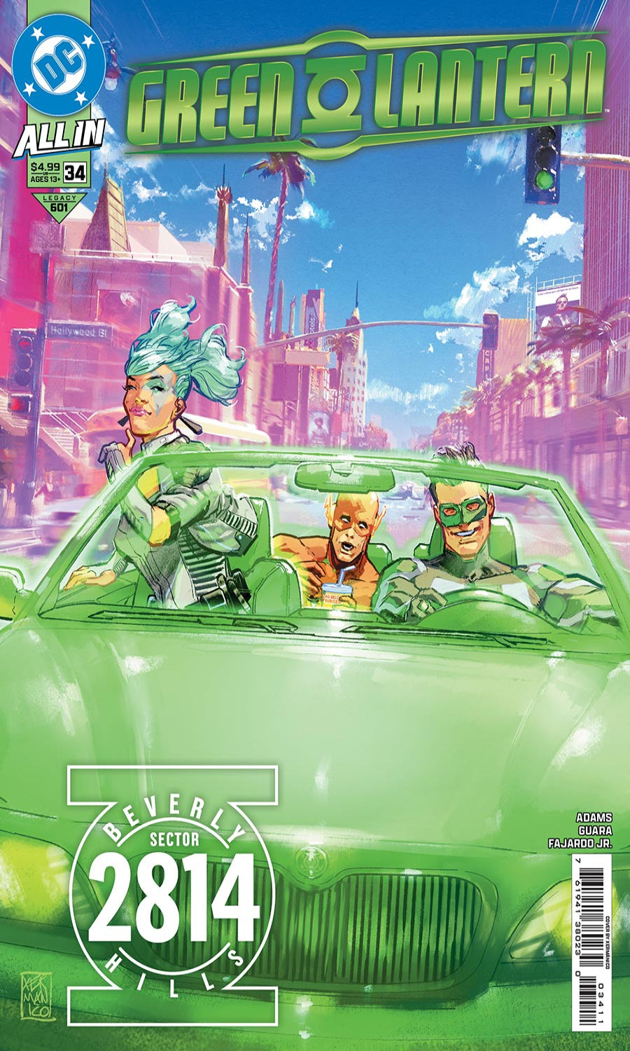 Comic book cover featuring characters in a green car with a futuristic cityscape background.