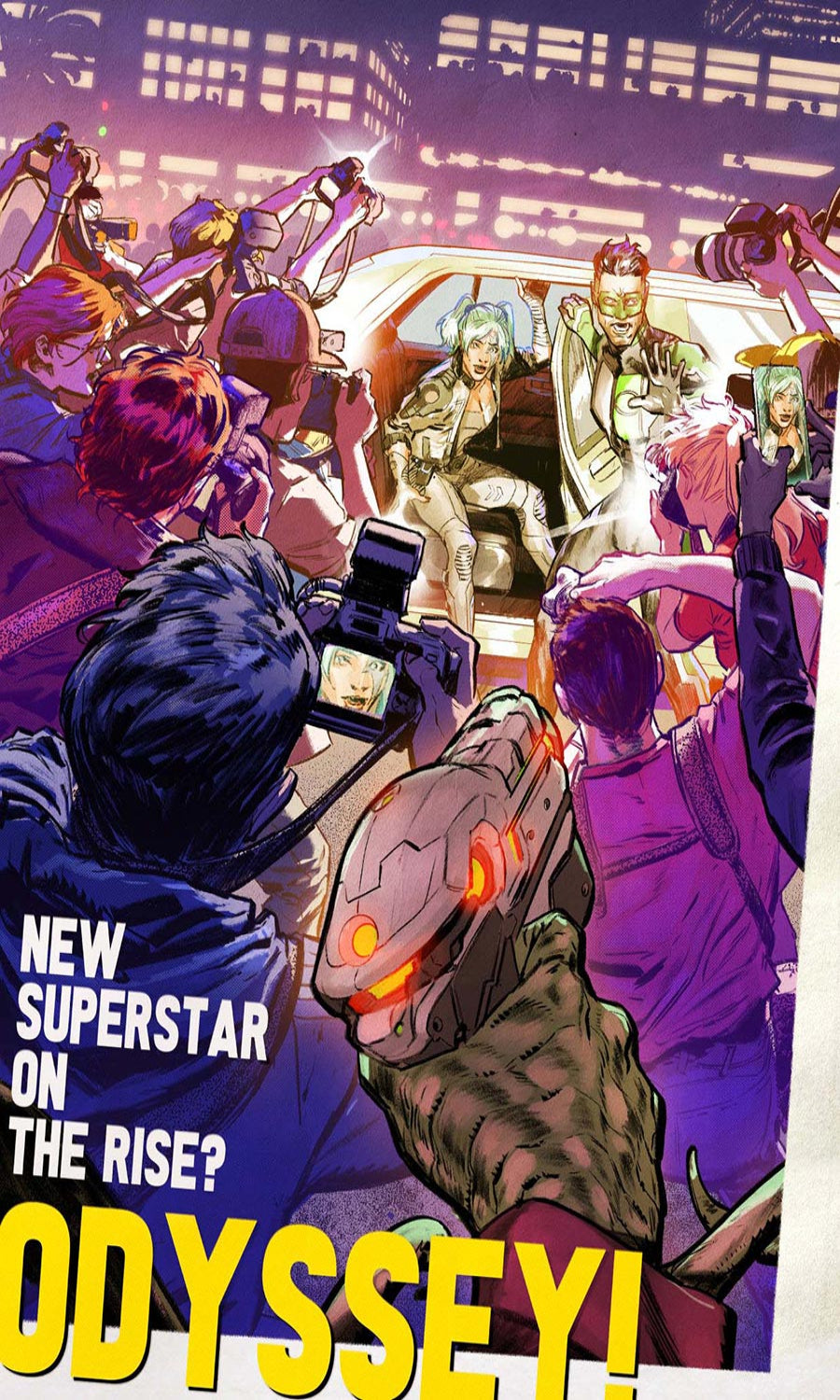 Comic book-style illustration of a superhero being interviewed by fans with 'Odyssey!' text.