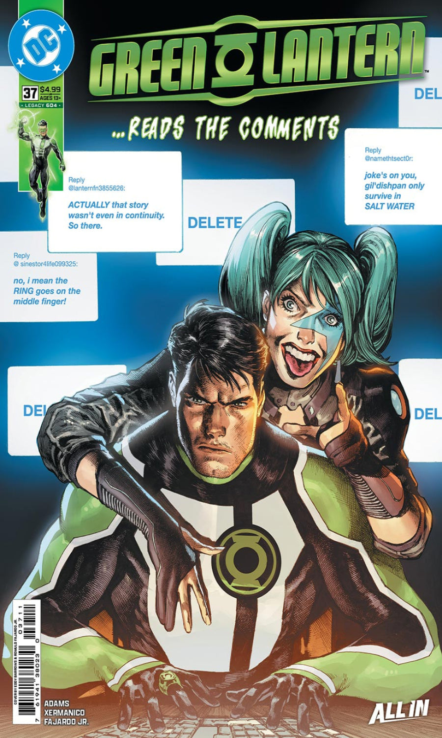 Comic book cover featuring a superhero and a villain with text on the screen.