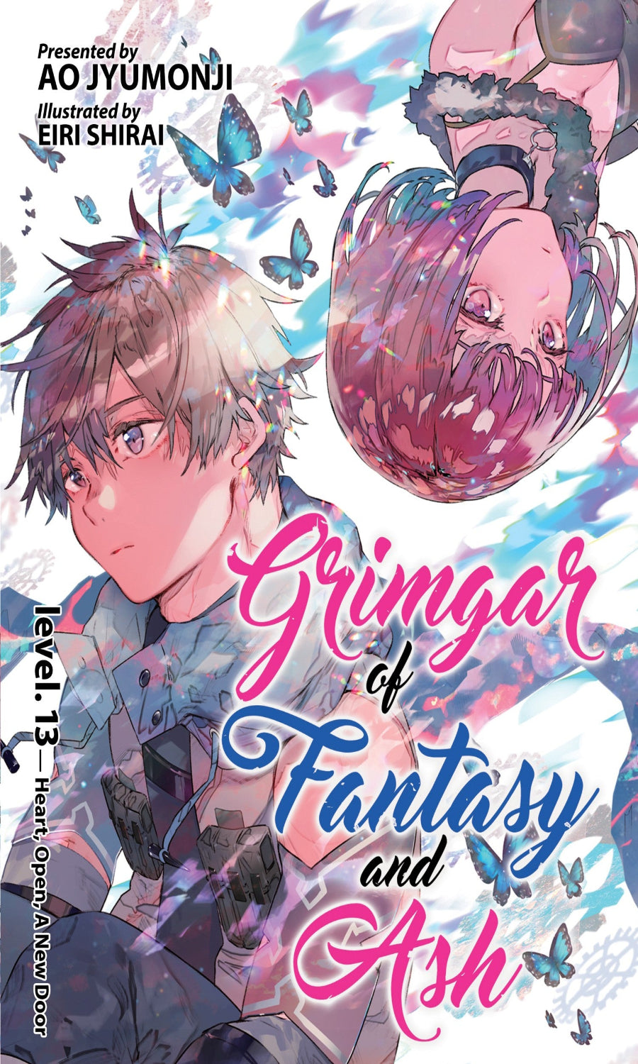 Cover of 'Grimgar of Fantasy and Ash' with anime-style illustration of a character and a creature, and colorful butterflies.