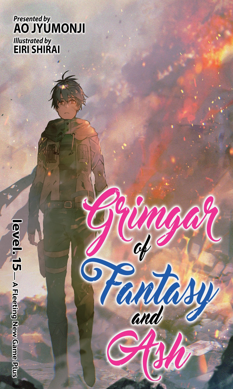 Book cover of 'Grimgar of Fantasy and Ash' with a character and fiery background.