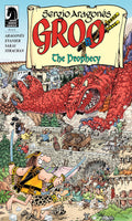Comic book cover of 'Groo: The Prophecy' featuring a large red dragon and a warrior.