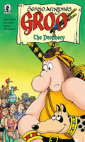 Comic book cover of 'Groo the Prophecy' with a character in yellow robe and dog, and a green background.