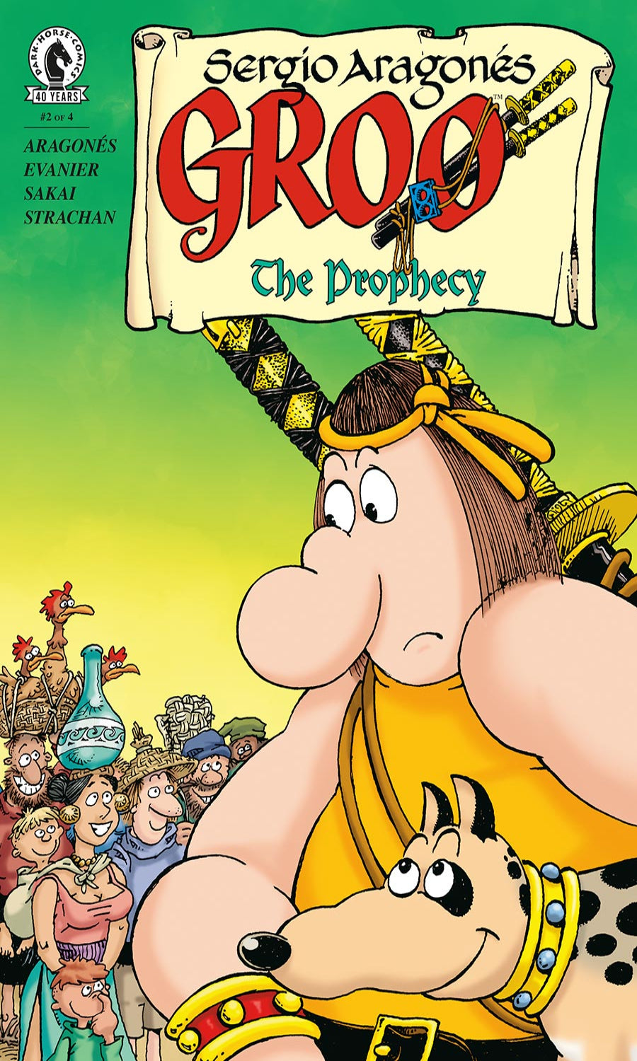 Comic book cover of 'Groo the Prophecy' with a character in yellow robe and dog, and a green background.