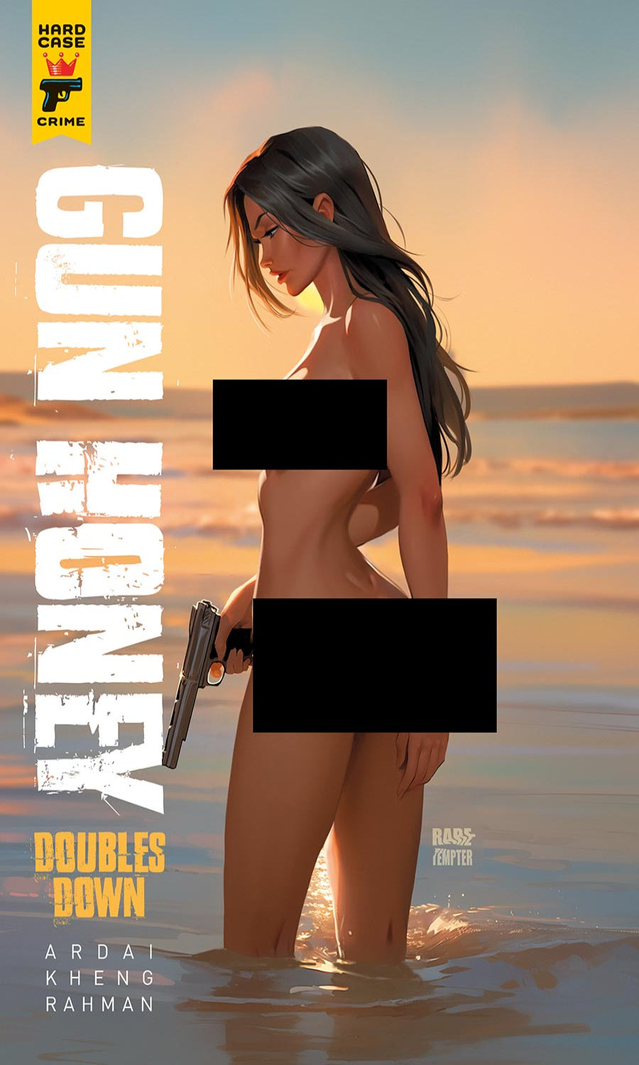 Comic book cover with a woman holding a gun on a beach at sunset, featuring the title 'Gun Crazy' and publisher logo.