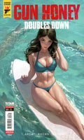 Comic book cover featuring a woman in a bikini on a surfboard with sharks in the background, titled 'Gun Honey Doubles Down'.