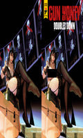 Comic book cover titled 'Gun Honey Doubles Down' with a woman in lingerie and stockings.