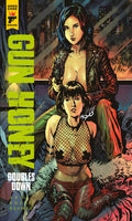 Comic book cover featuring two characters with a cityscape background