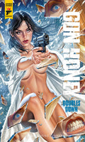Comic book cover for 'Gun Honey Doubles Down' featuring a stylized illustration of a nude woman holding a gun, with large white title text and a 'Hard Case Crime' logo in the top left corner.