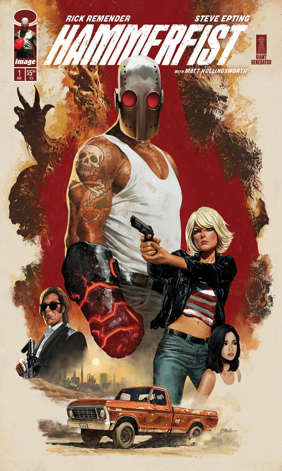 Comic book cover featuring a muscular character with a helmet, a woman holding a gun, and a man in sunglasses with a car in the background.