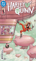 Comic book cover featuring Harley Quinn in an action pose with a pink dirigible in the background.