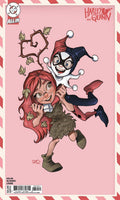 Comic book cover featuring two characters with a pink background and 'Harley Quinn' branding.