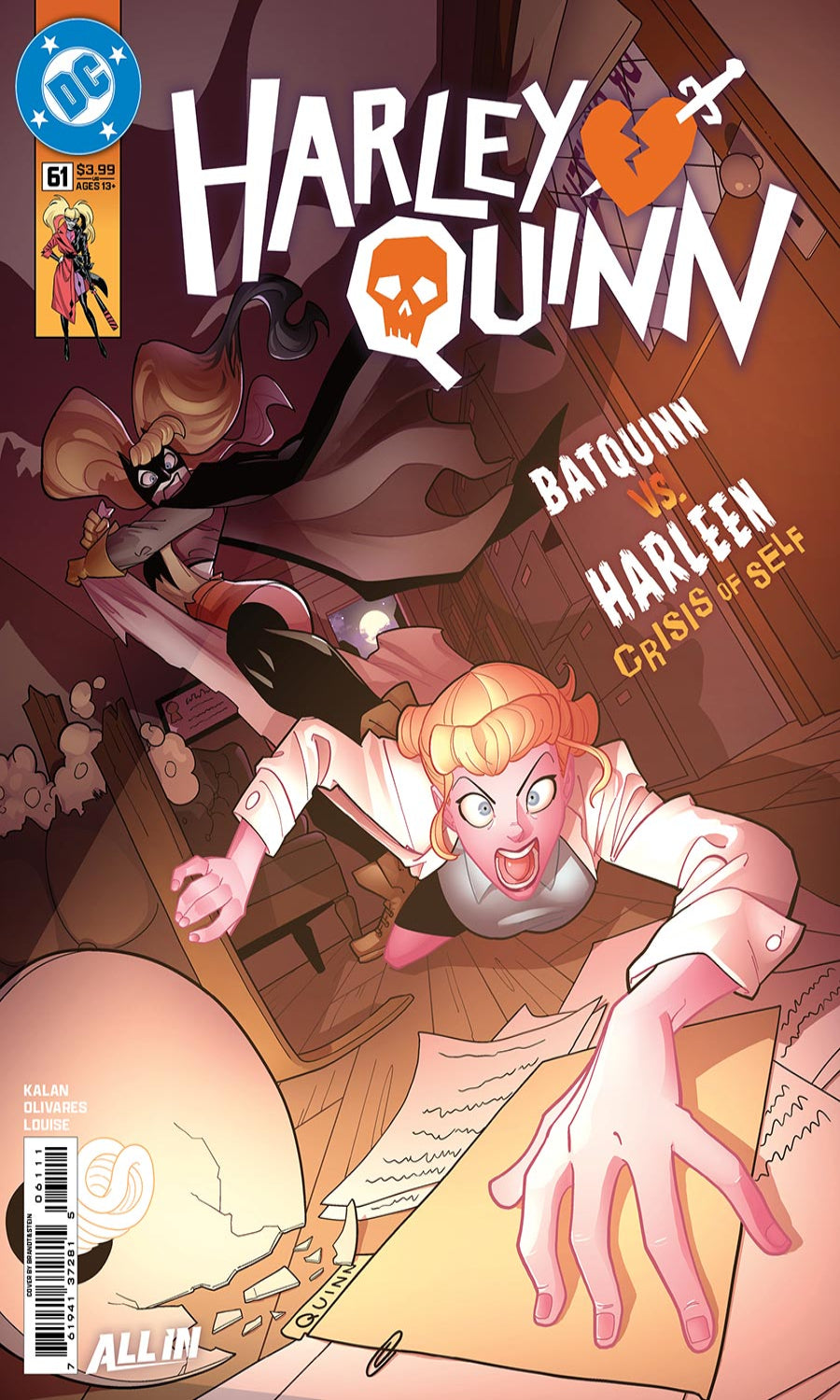 Comic book cover featuring Harley Quinn with a dramatic pose and text about a crisis of self.