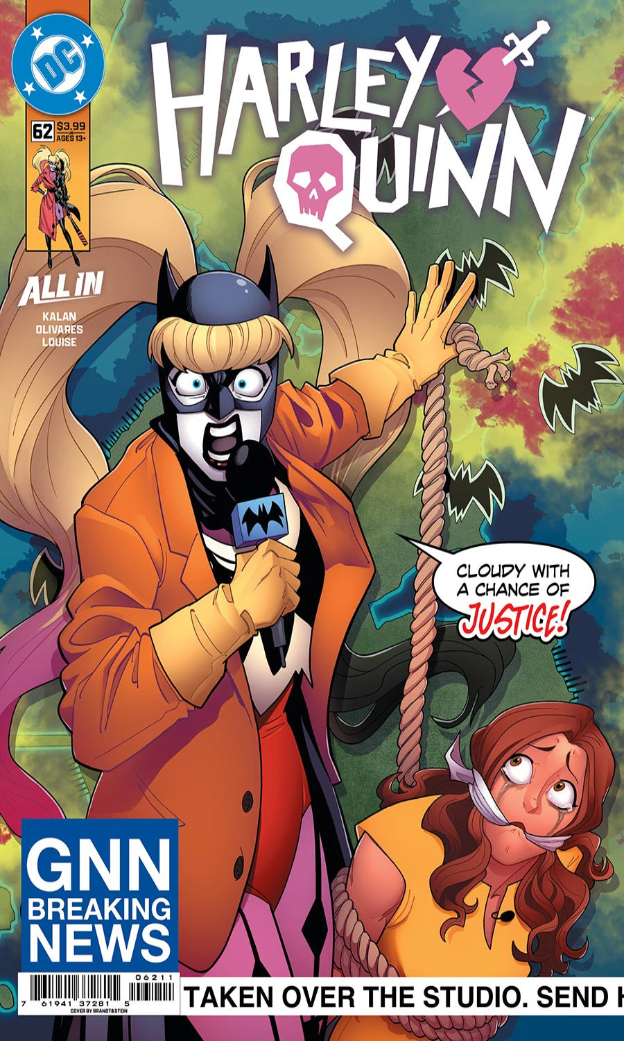 Comic book cover featuring a character in a news outfit with 'Harley Quinn' branding.