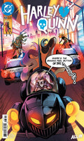 Comic book cover featuring Harley Quinn in a car with a police car in the background