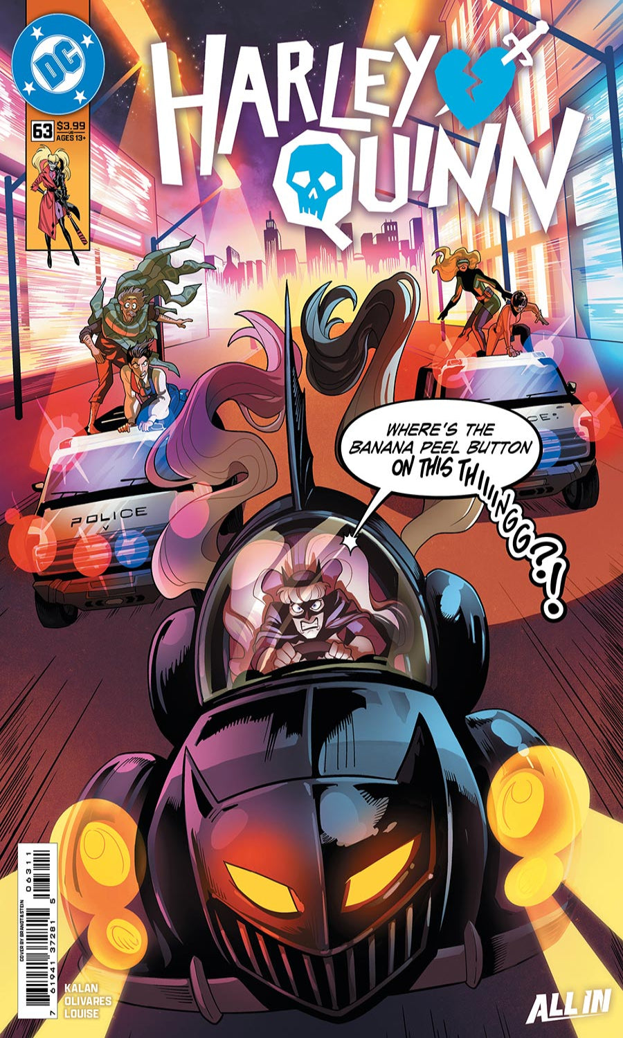 Comic book cover featuring Harley Quinn in a car with a police car in the background