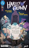 Comic book cover for Harley Quinn #64, featuring Harley Quinn, Killer Croc, Poison Ivy, and the masked figure of the Harley Quinn Revenge Squad gathered around a table with a large 'Harley Quinn Revenge Squad' sign on the floor. The DC logo is visible in the top left corner.